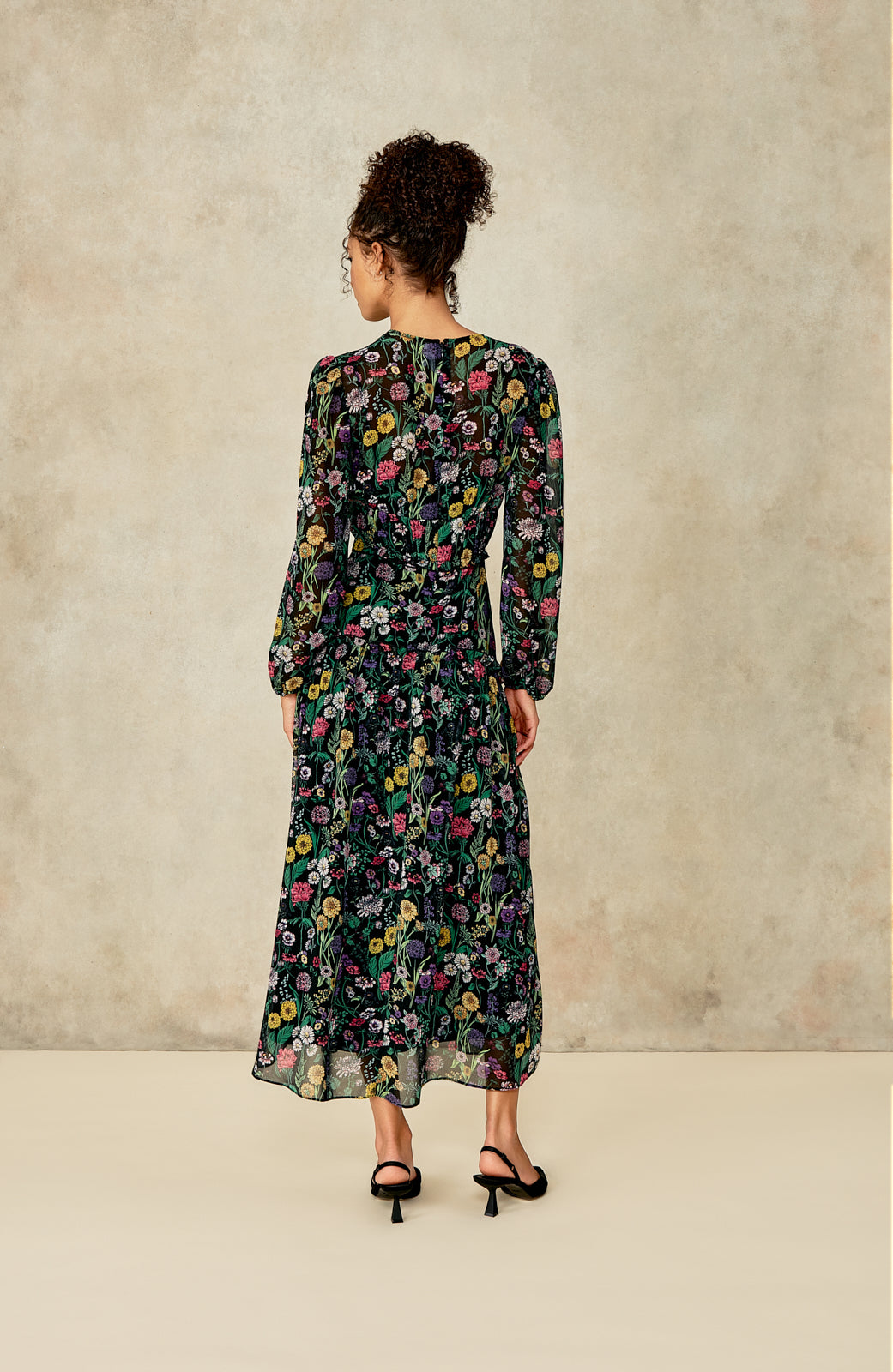 Floral Georgette V-Neck Midi Dress | Black Multi