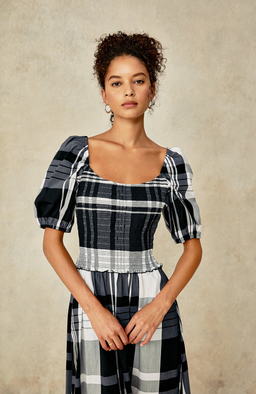 Stretch Plaid Smocked Midi Dress | Black Multi