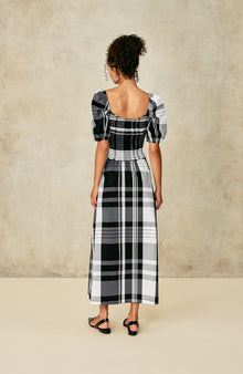 Stretch Plaid Smocked Midi Dress | Black Multi