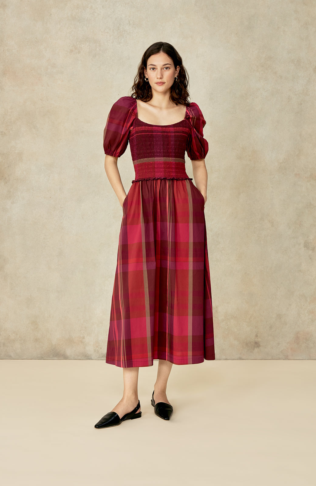 Stretch Plaid Smocked Midi Dress | Fuchsia Multi