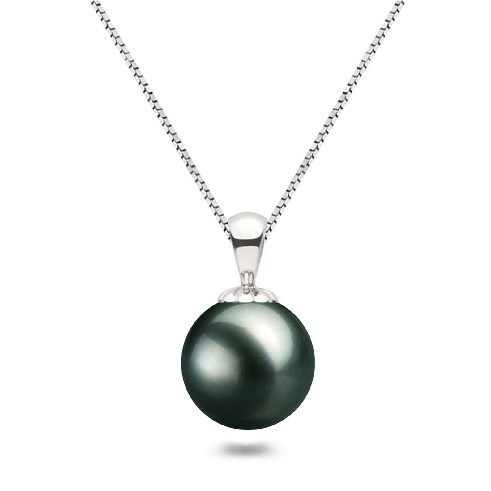 Womens | 8-9mm Round Black Tahitian Pearl | Pendant Necklace | 14K White Gold