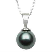 Womens | 9-10mm Round Black Tahitian Pearl | Pendant Necklace | 14K White Gold