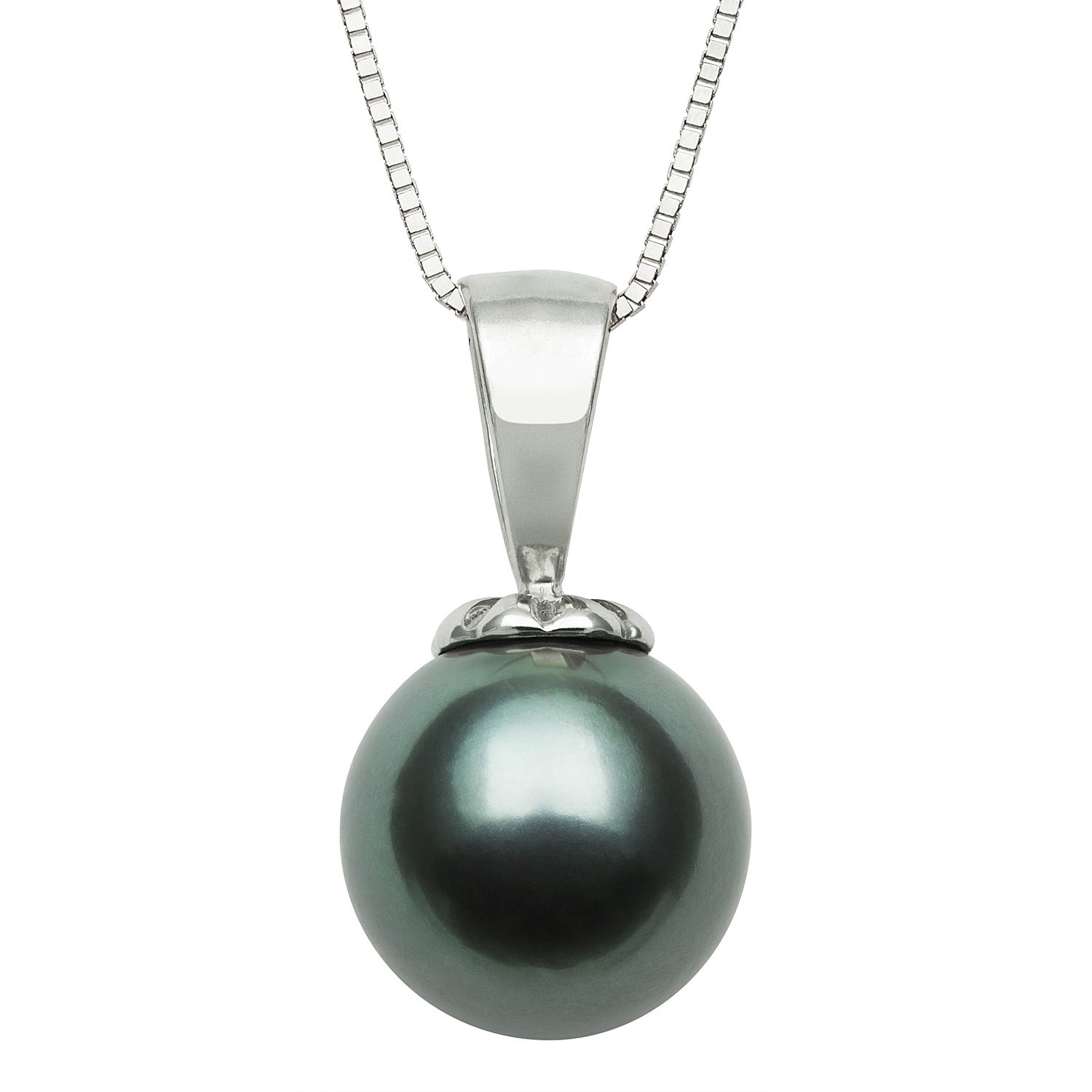 Womens | 9-10mm Round Black Tahitian Pearl | Pendant Necklace | 14K White Gold