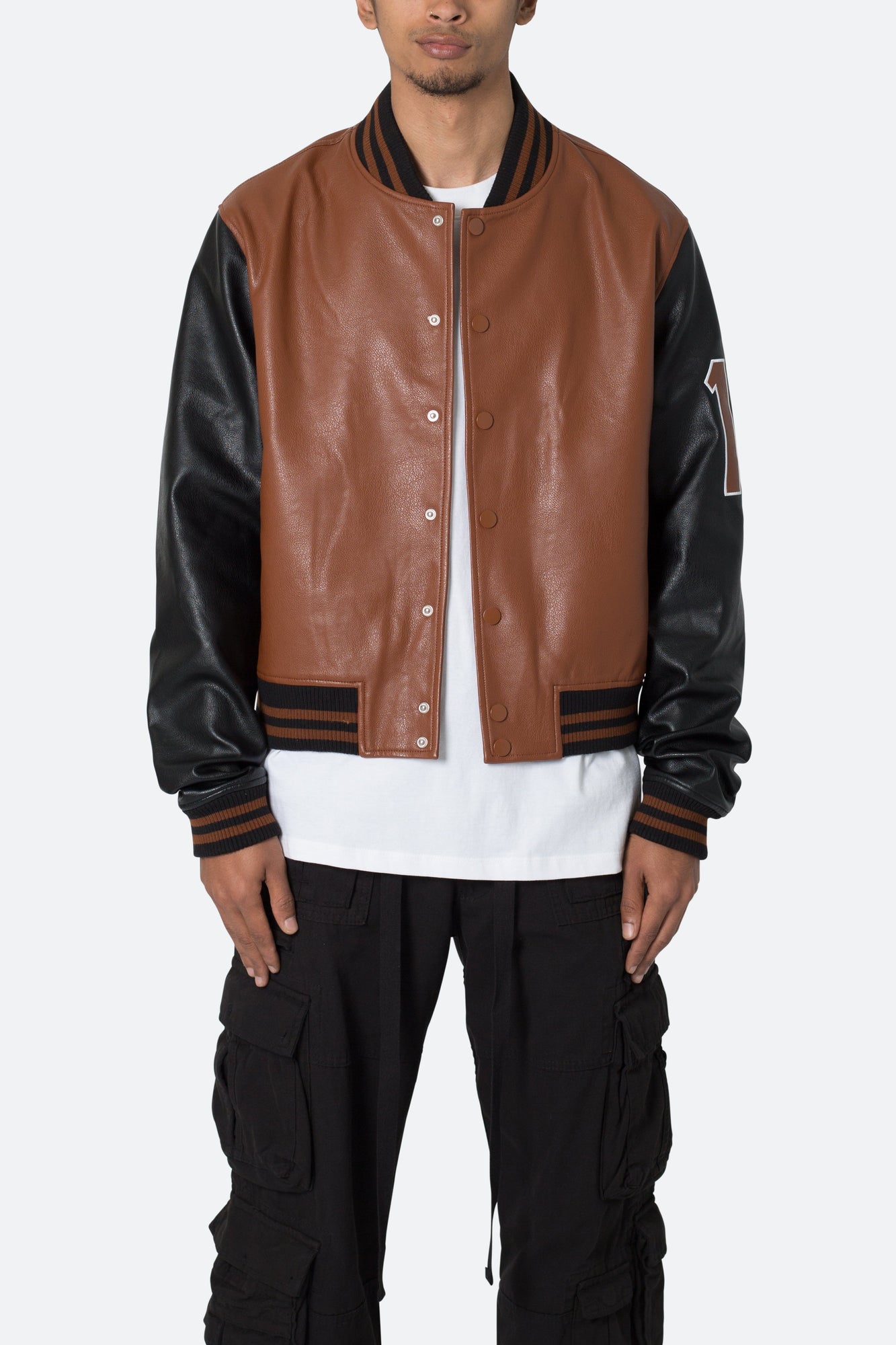 PU Varsity Jacket | Black x Brown