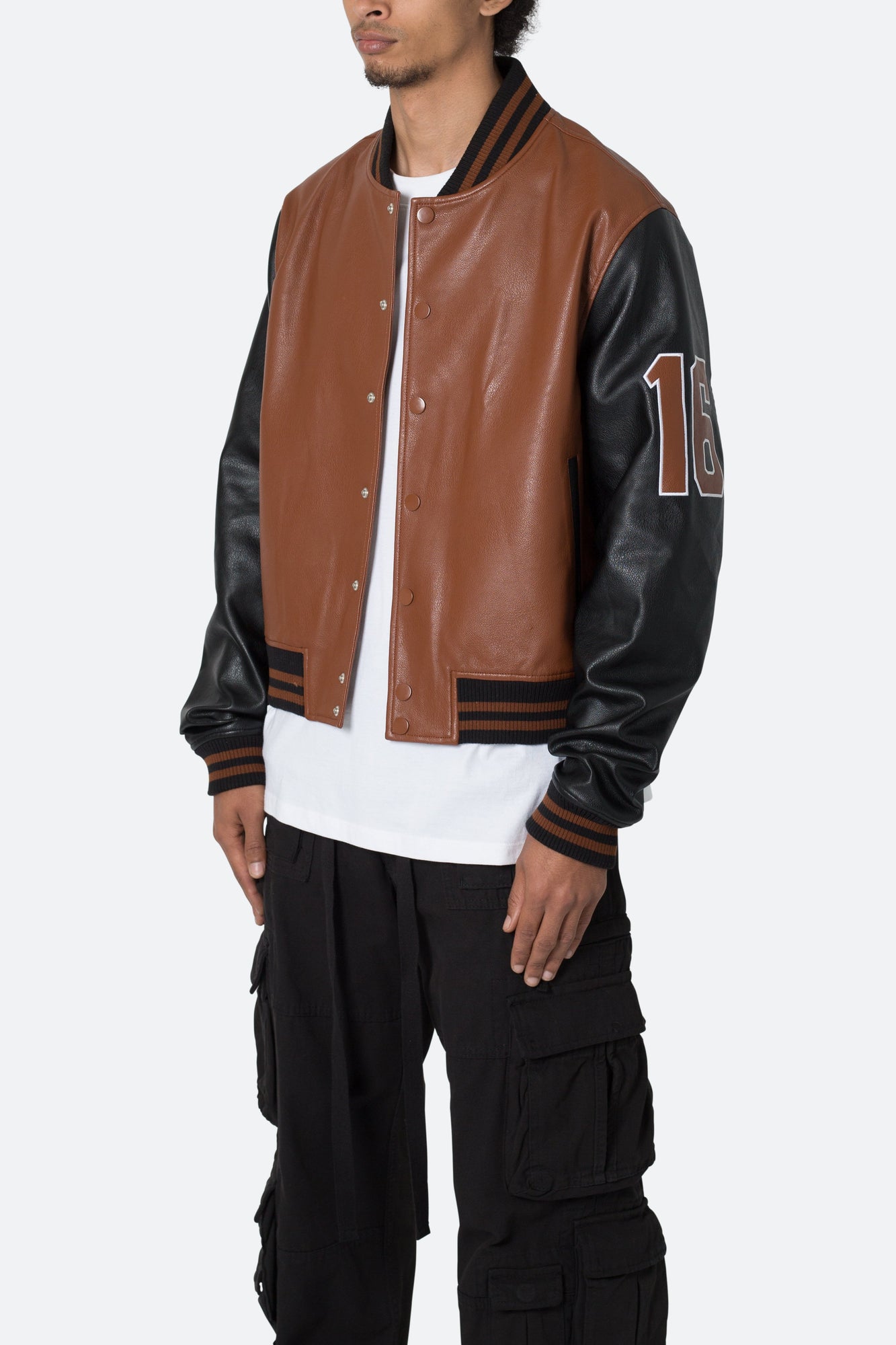 PU Varsity Jacket | Black x Brown