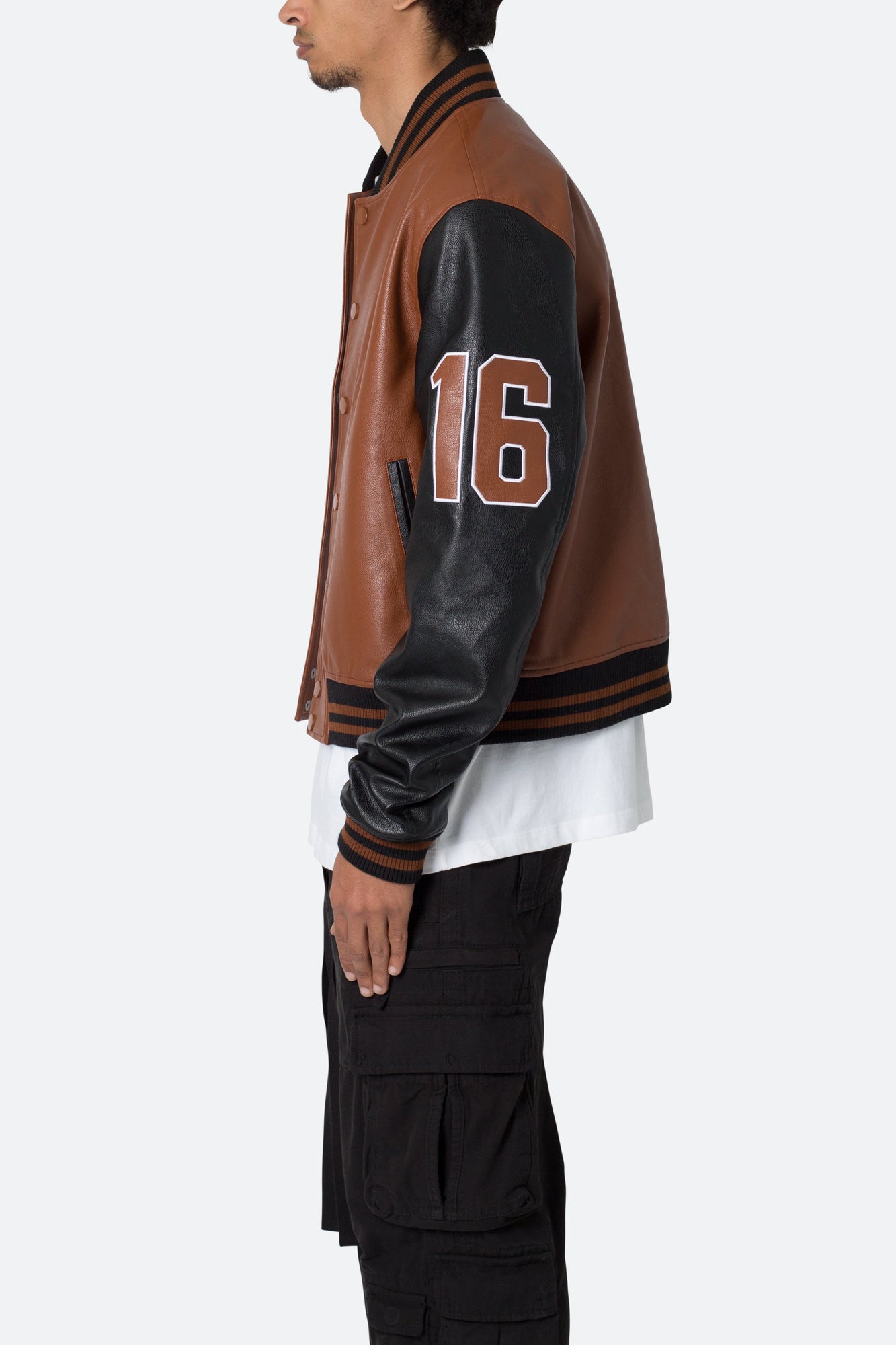 PU Varsity Jacket | Black x Brown