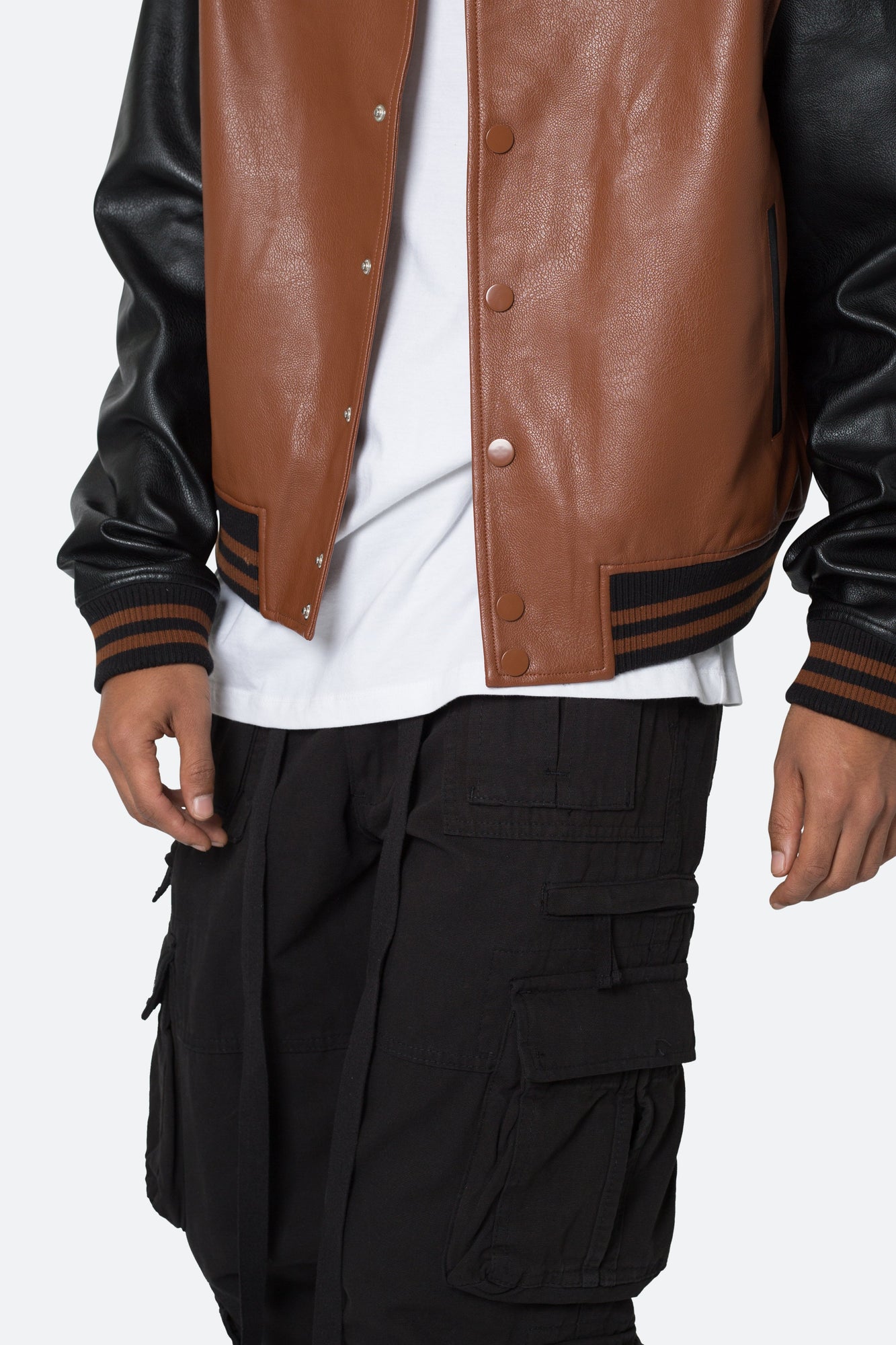PU Varsity Jacket | Black x Brown