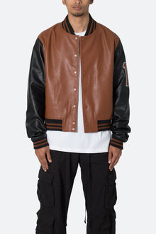 PU Varsity Jacket | Black x Brown