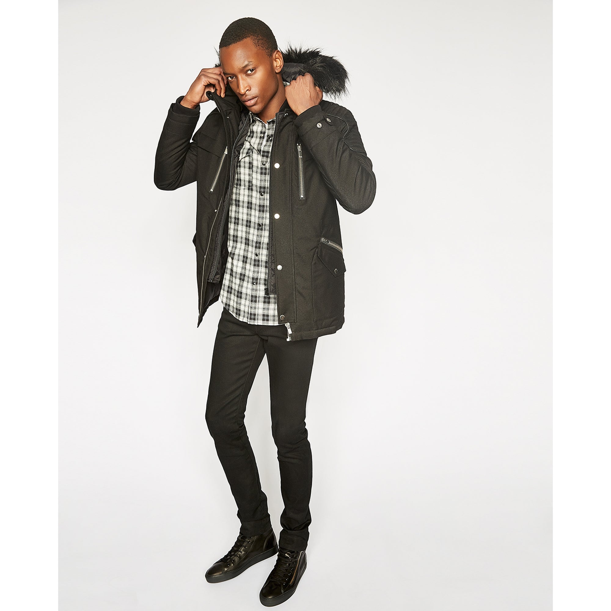 Parka With Leather Details And Faux Fur | Men | Black