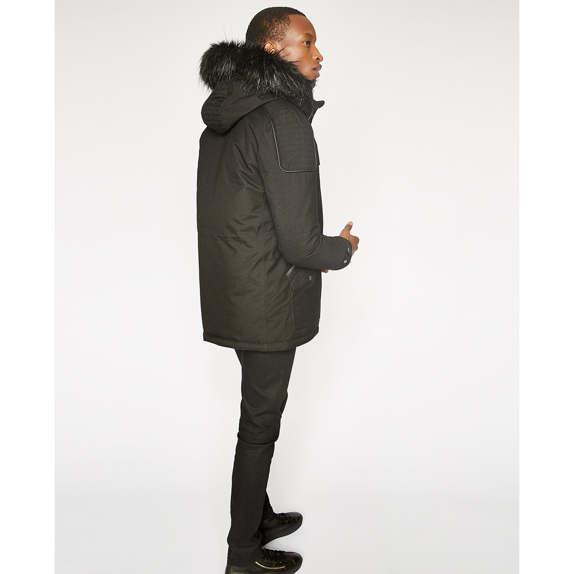 Parka With Leather Details And Faux Fur | Men | Black