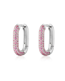 Pave Chain Link Huggies - Pink - Silver | Plated Silver