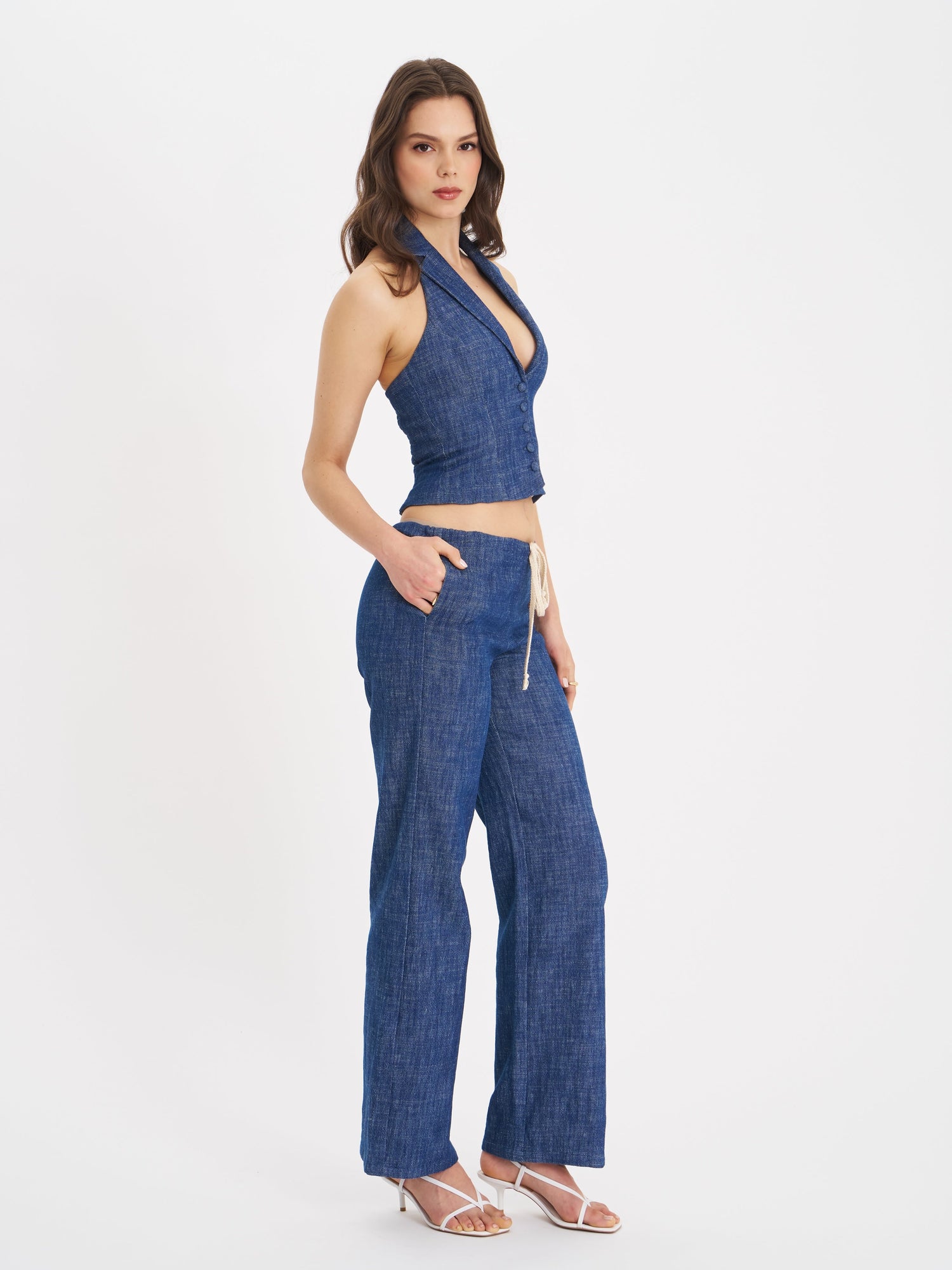 Rafaella Cotton Denim Halter Lapel Top | Navy