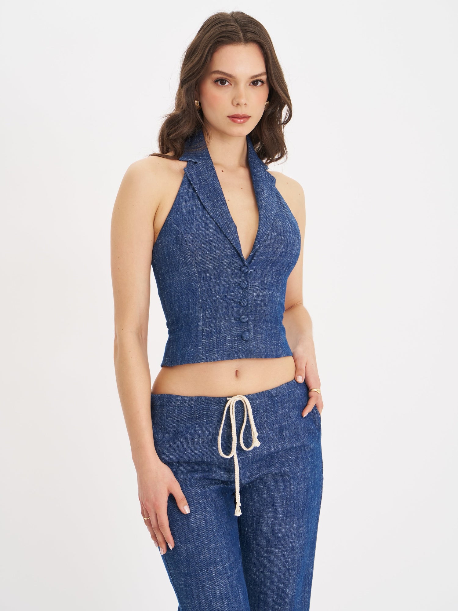 Rafaella Cotton Denim Halter Lapel Top | Navy