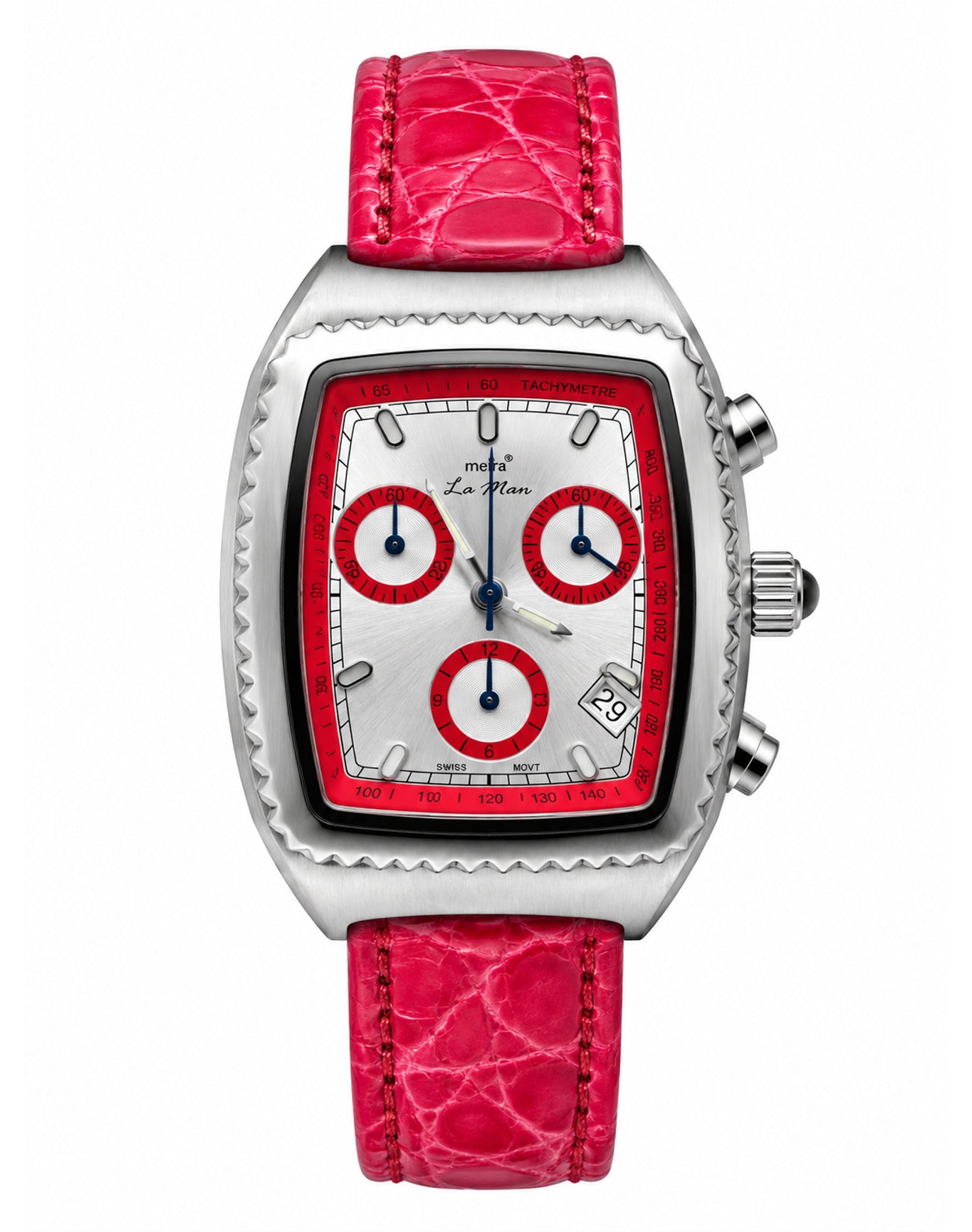 Pink Chronograph Watch Steel Watch with Genuine Leather Band | Red/Silver