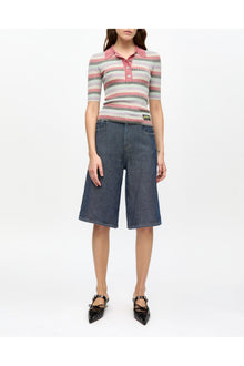 Pink Striped Sparkle Rib Polo T Shirt | Multicolour