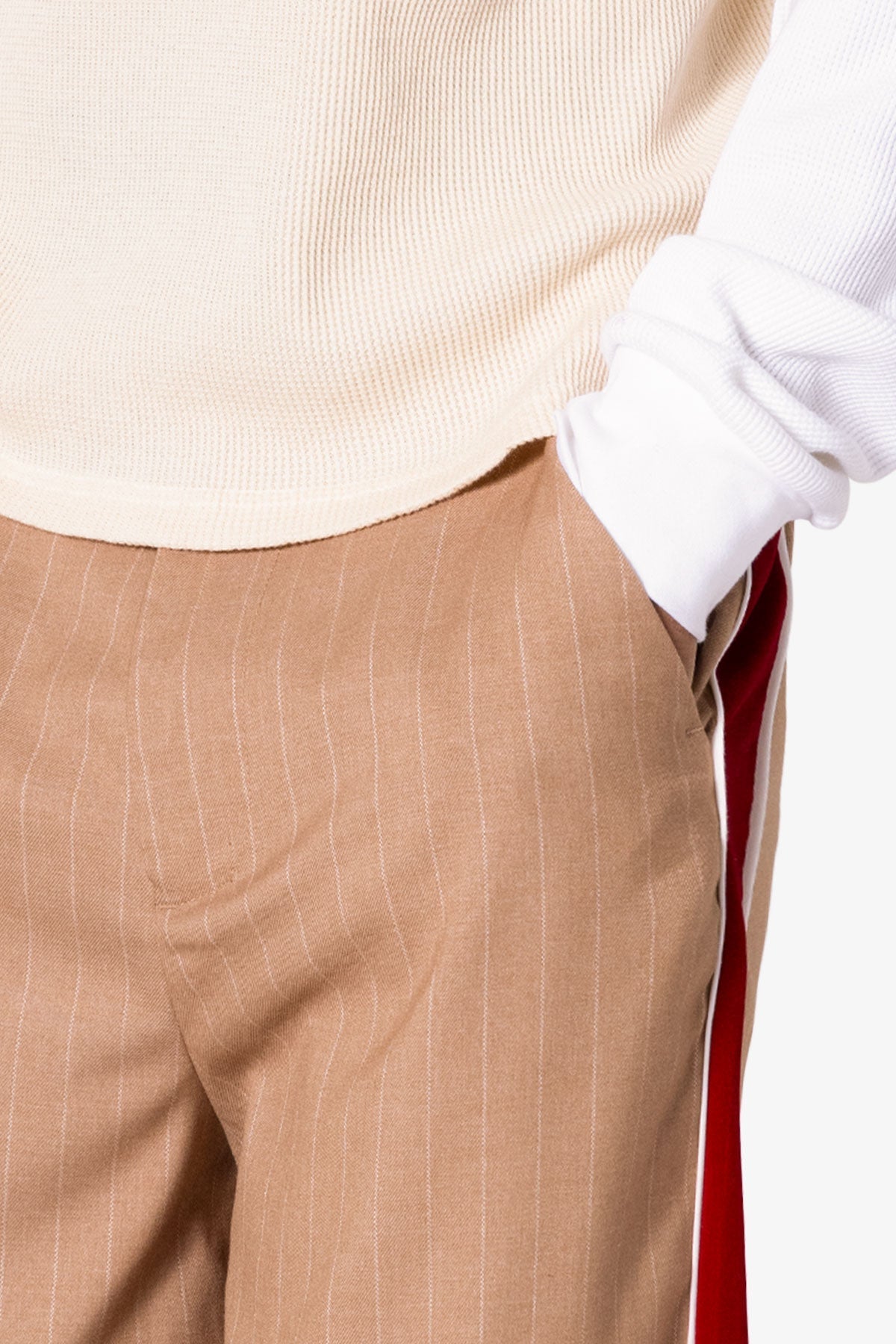 Pinstripe Velvet Trim Trouser Pants | Tan