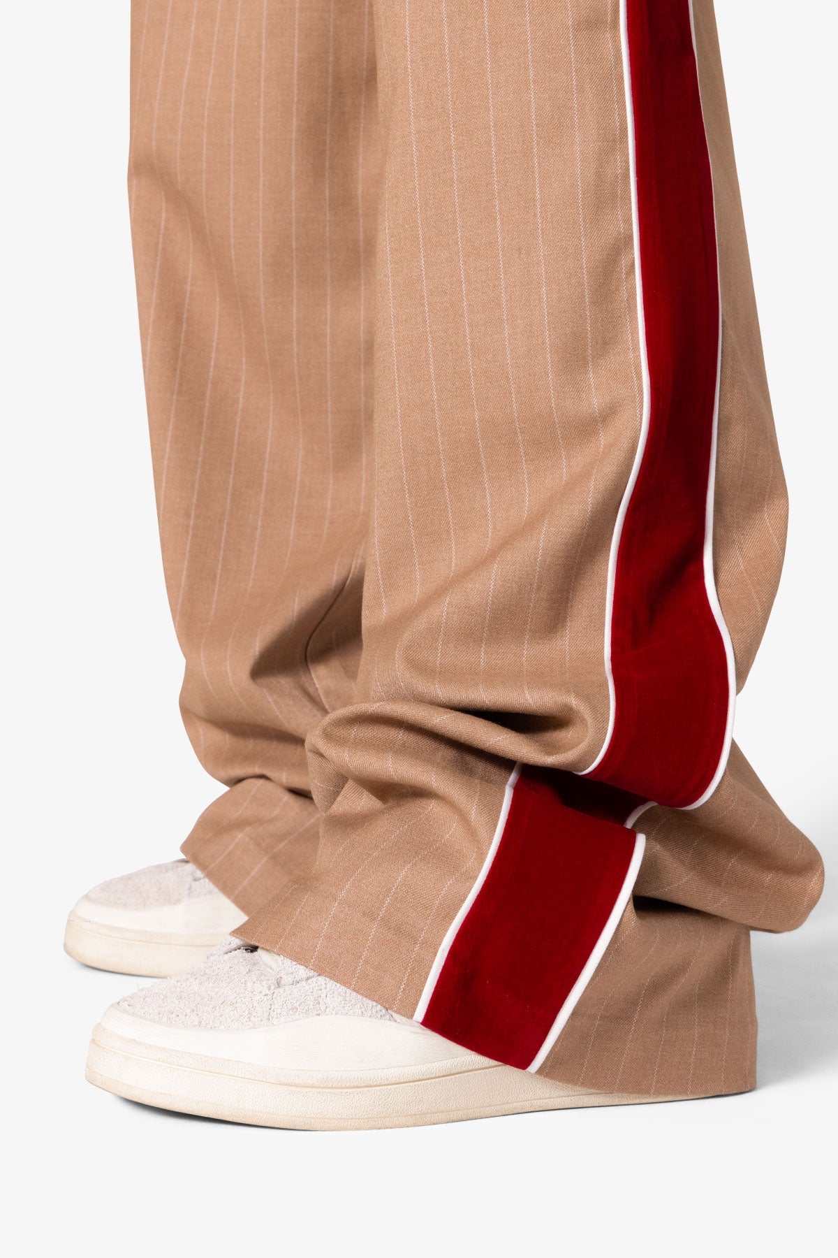Pinstripe Velvet Trim Trouser Pants | Tan