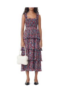 Pleated Georgette Flounce Smock Midi Dress | High Risk Red