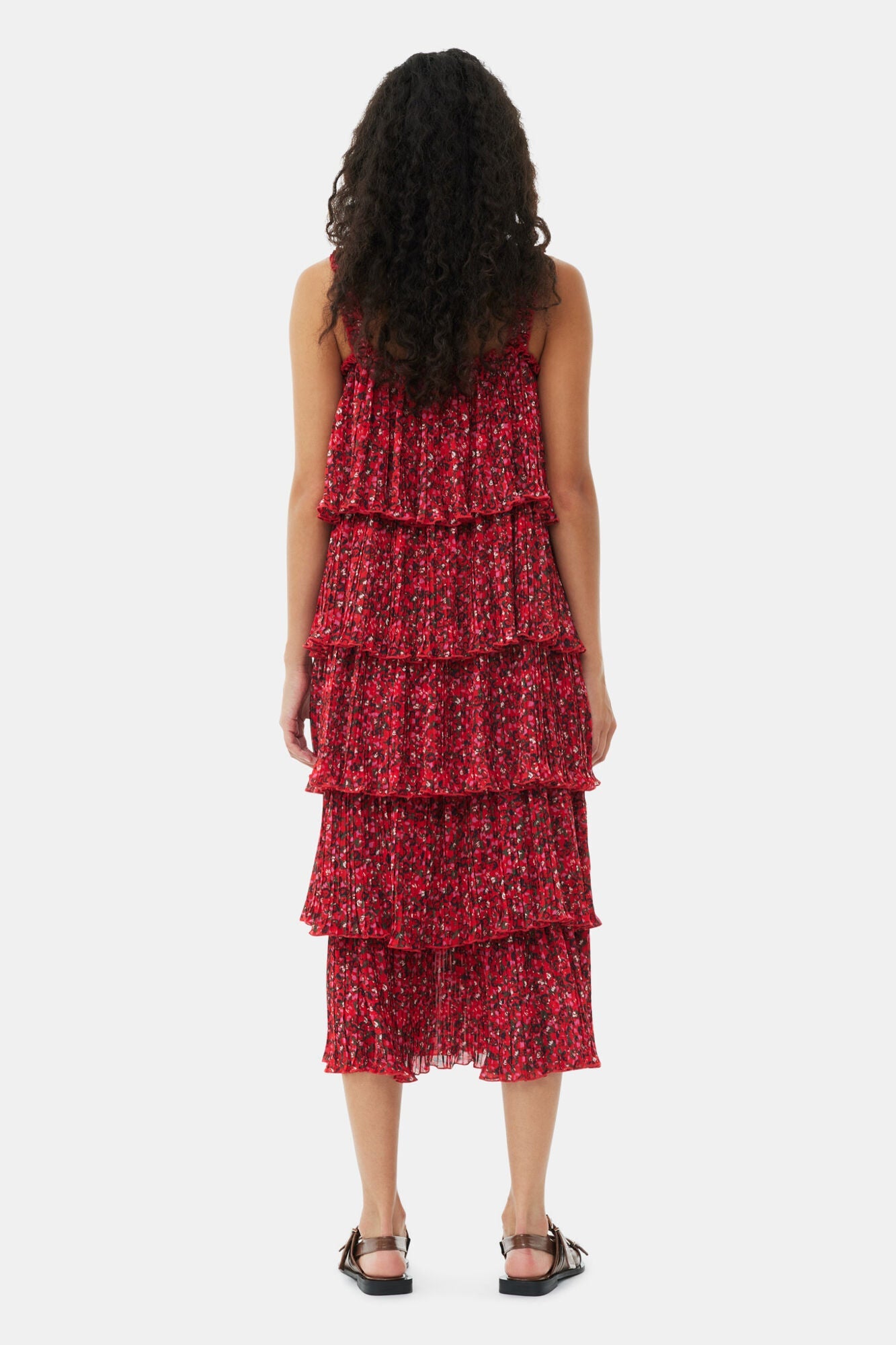 Pleated Georgette Flounce Strap Midi Dress | Racing Red