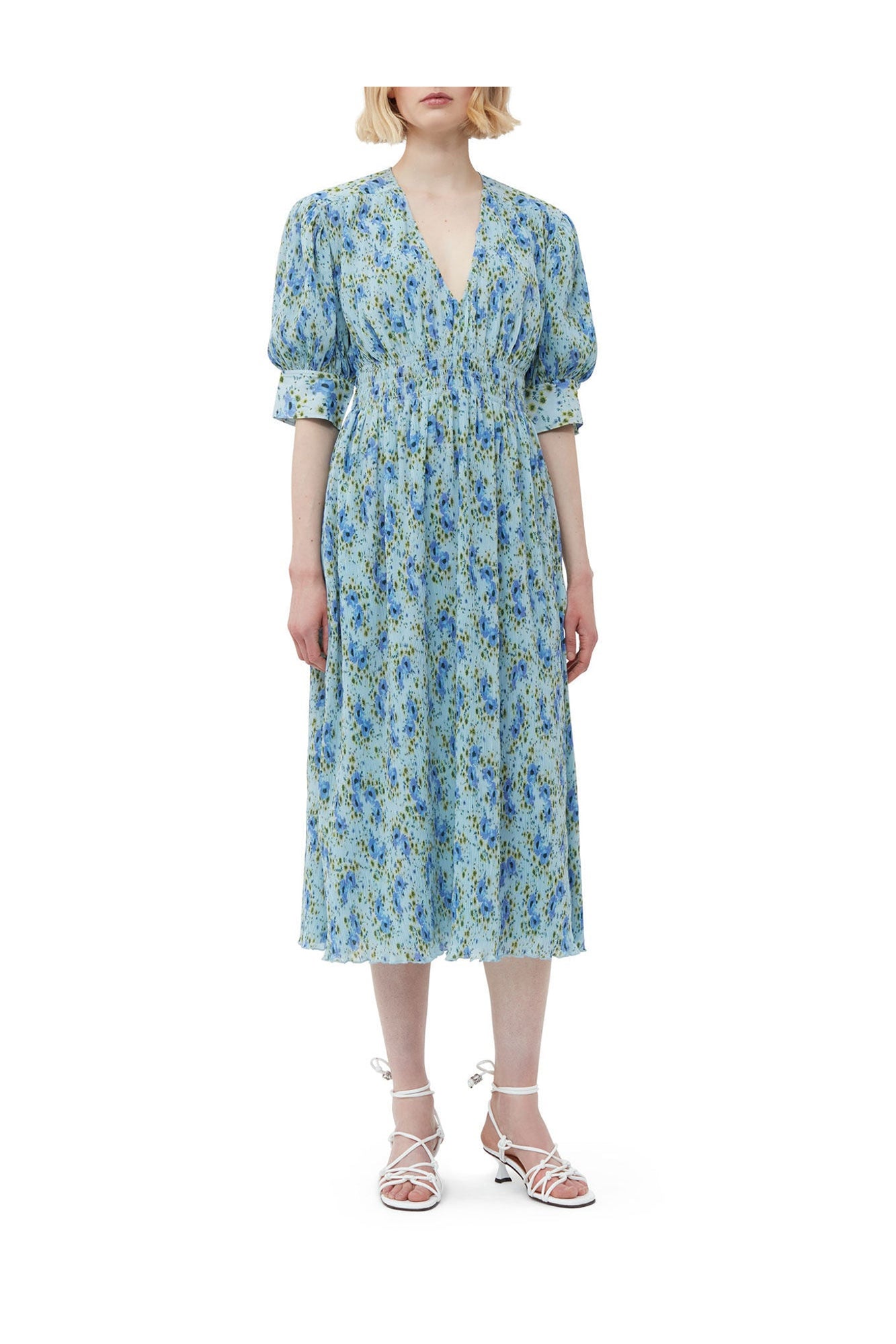 Pleated Georgette V neck Smock Midi Dress | Ice Water