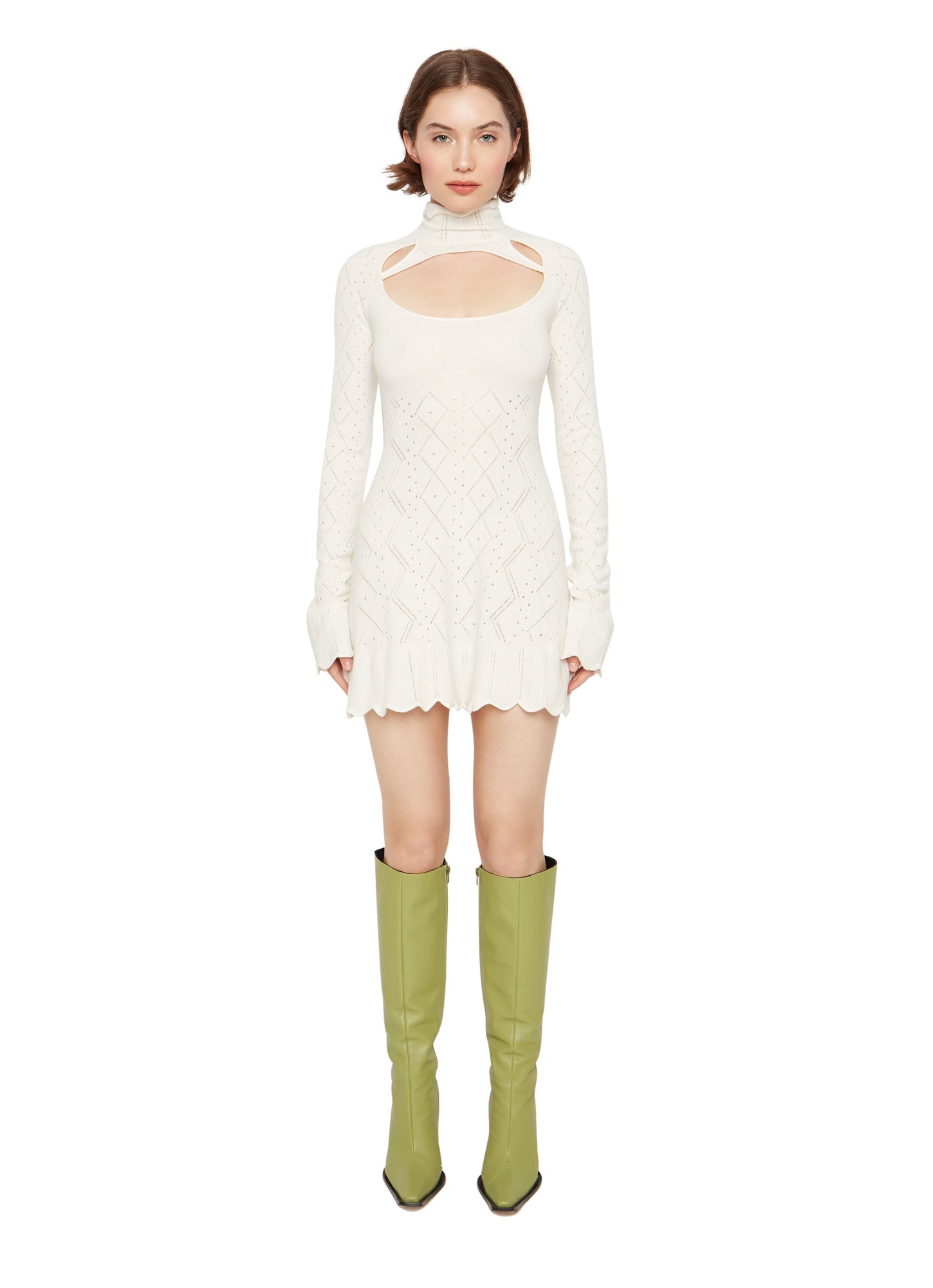 Womens | Pointelle Knit Turtleneck Dress | White