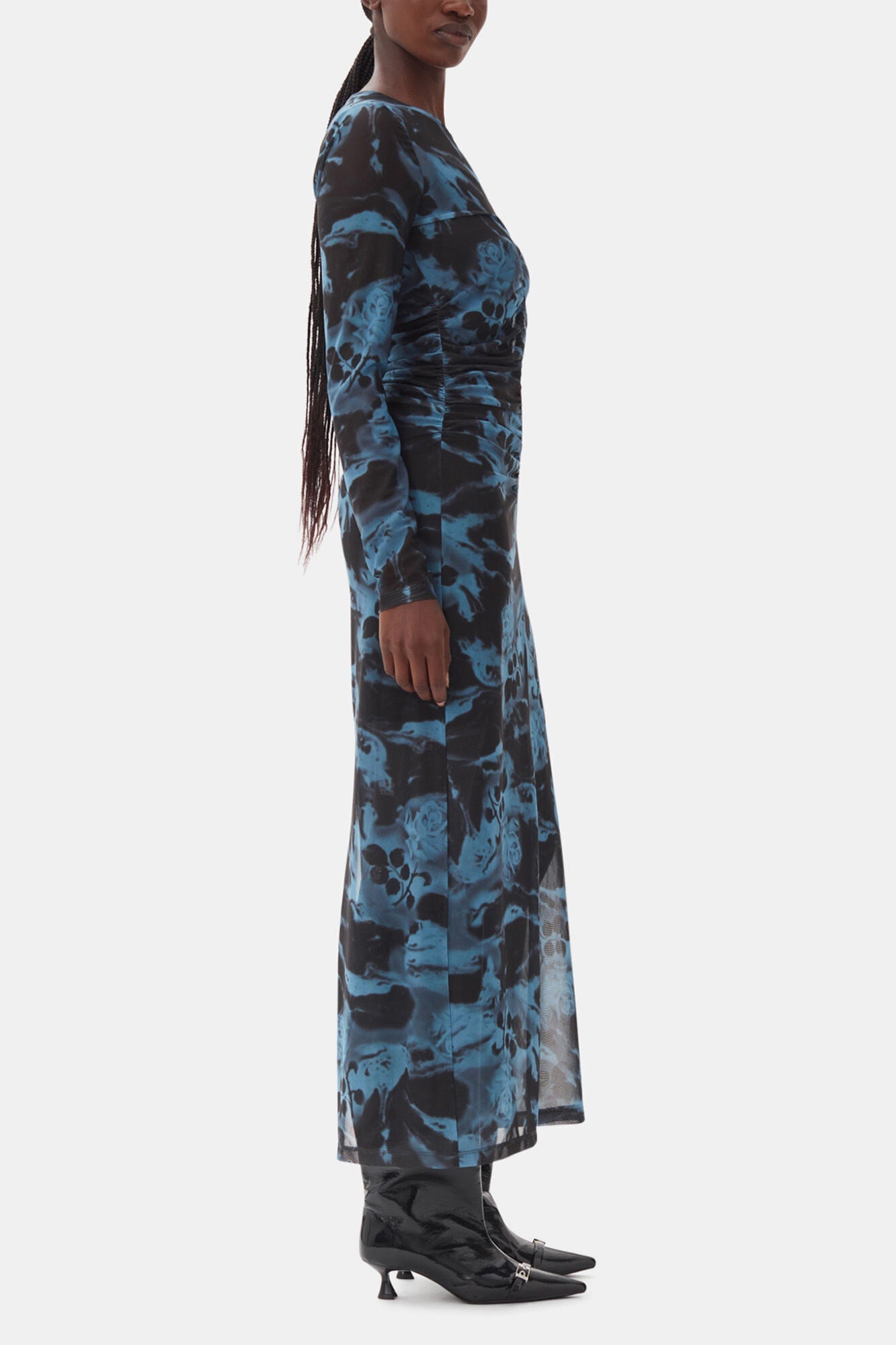 Printed Mesh O neck Ruched Long Dress | Blue Shadow