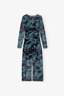 Printed Mesh O neck Ruched Long Dress | Blue Shadow