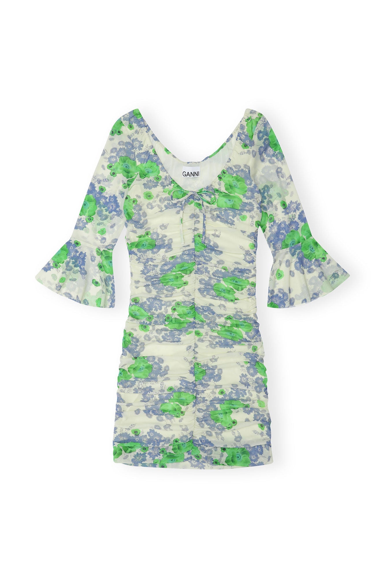 Printed Mesh U neck Ruched Mini Dress | Egret