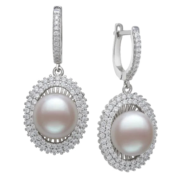 Womens | 10-11mm Button Shaped White Freshwater Pearl | Button Shaped Drop Hoop Earrings | Sterling Silver