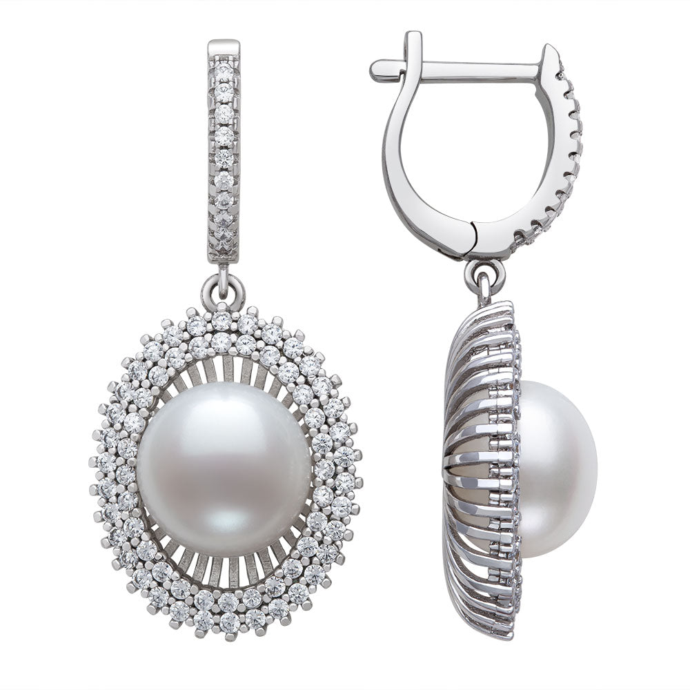 Womens | 10-11mm Button Shaped White Freshwater Pearl | Button Shaped Drop Hoop Earrings | Sterling Silver