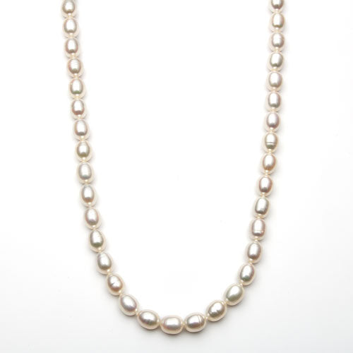 Womens | 7-8mm Rice Shape White Freshwater Pearl | Long Strand Necklace | Sterling Silver