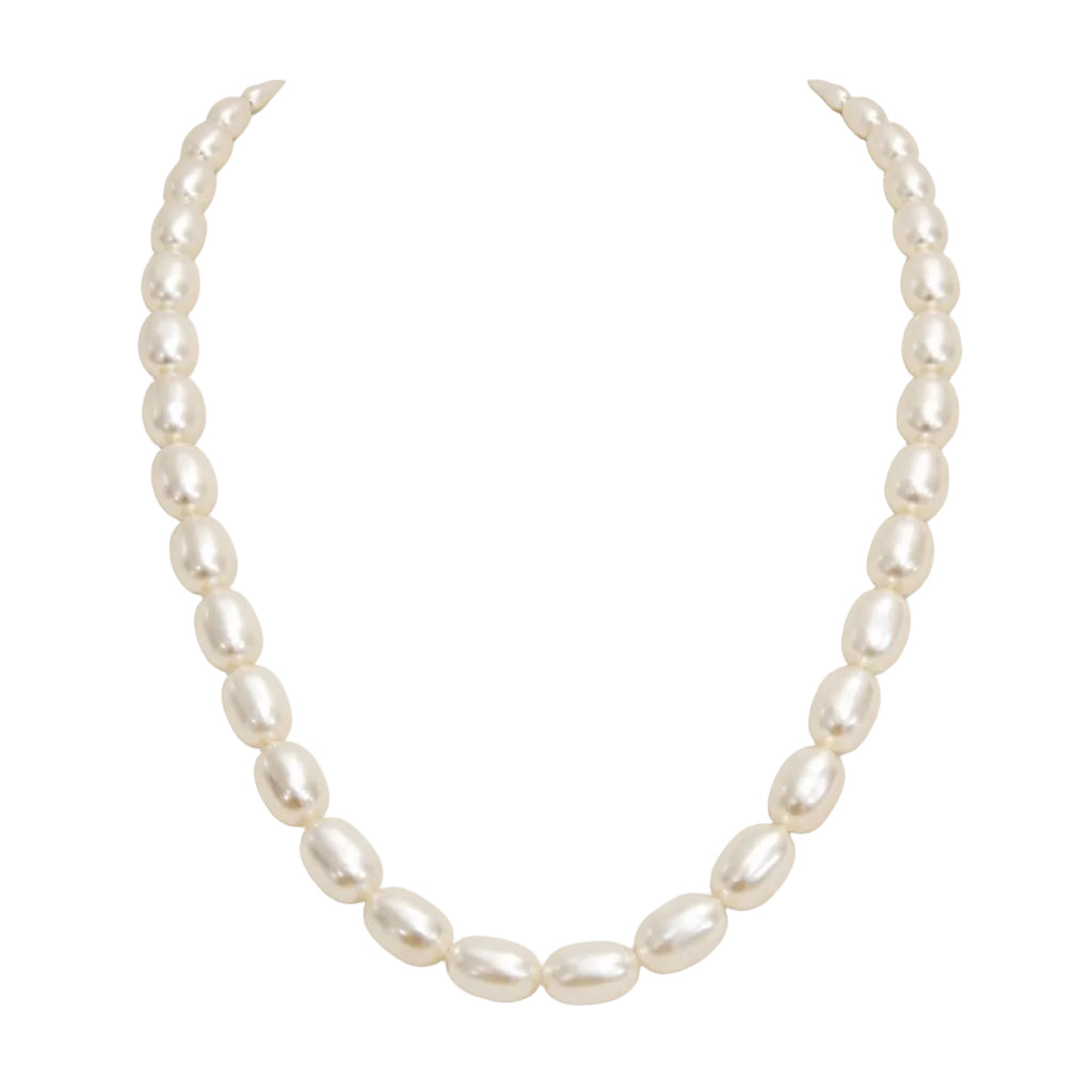 Womens | 8-9mm Rice Shape White Freshwater Pearl | Long (Rice Shape) Strand Necklace | Sterling Silver