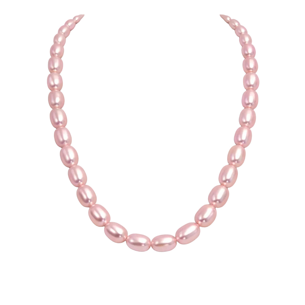 Womens | 9-10mm Rice Shape Pink Freshwater Pearl | Long Strand Necklace | Sterling Silver