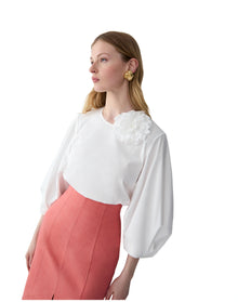Puff Sleeve Crewneck Top With Flower | White