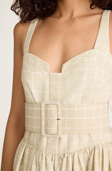 Painterly Windowpane Belted Bustier Dress | Sand Combo