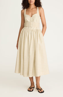 Painterly Windowpane Belted Bustier Dress | Sand Combo
