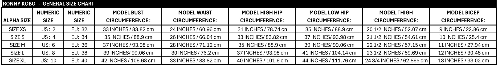 Product size guide