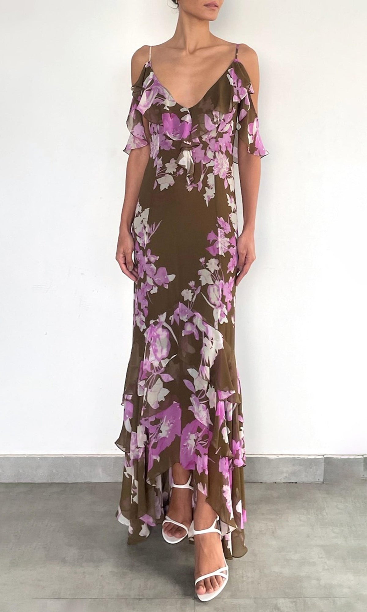Rococo Sand | Alfy Heavy Viscose Crinkle Chiffon Long Dress | Brown Pink