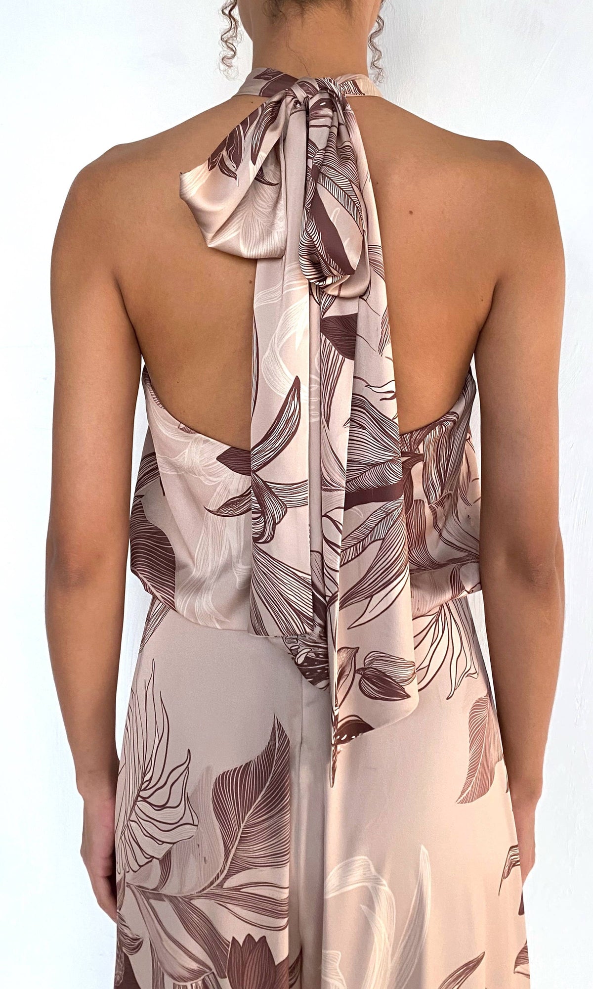 Womens | Cali Polyester Satin Lycra Halter Jumpsuit With Back Sash Tie | Beige Brown