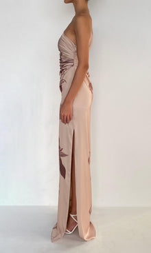 Womens | Cali Polyester Satin Lycra One Shoulder Ruched Maxi Dress | Beige Brown
