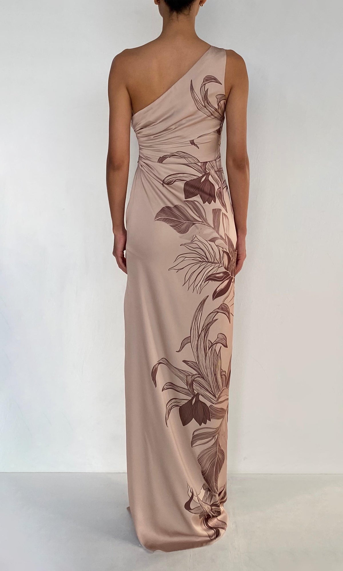 Womens | Cali Polyester Satin Lycra One Shoulder Ruched Maxi Dress | Beige Brown
