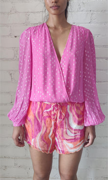 Rococo Sand | Fuchsia Viscose Georgtte Star Lurex Bodysuit | Pink