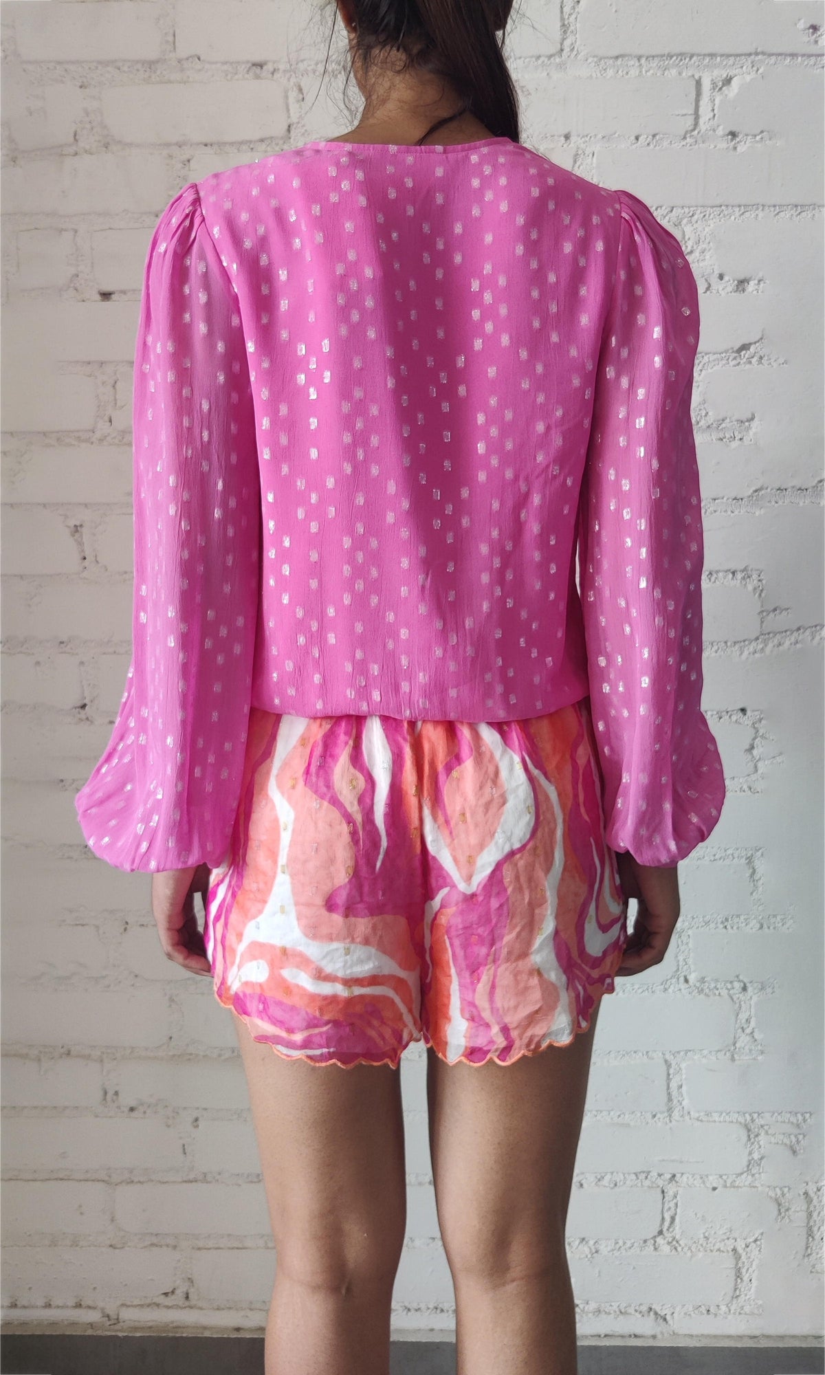Rococo Sand | Fuchsia Viscose Georgtte Star Lurex Bodysuit | Pink
