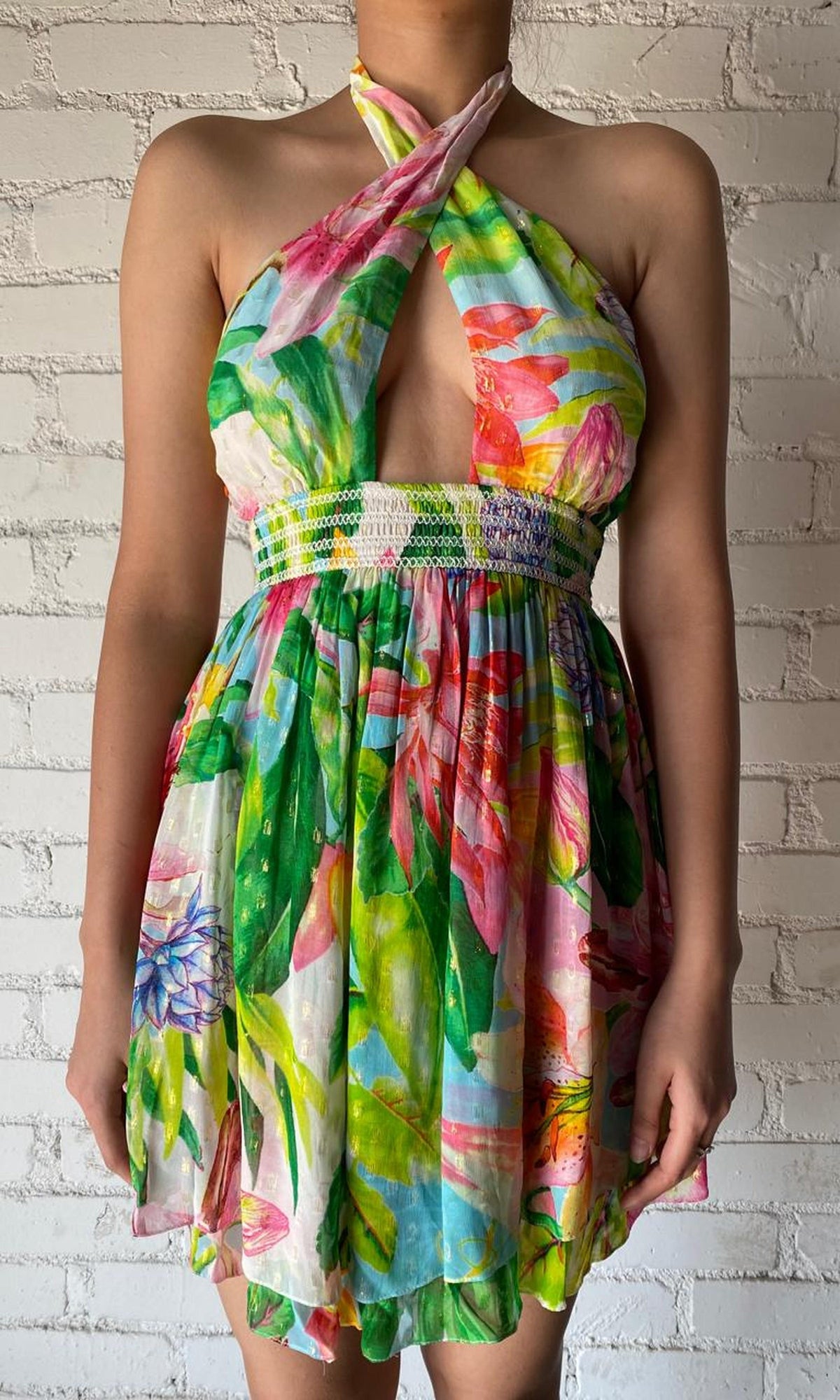 Womens | Inv Viscose Chiffon Gold Dobby Short Dress | Green Print