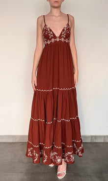 Womens | Jaci Cotton Double Cloth Gauze Tiered Embroidered Maxi Dress | Brown White