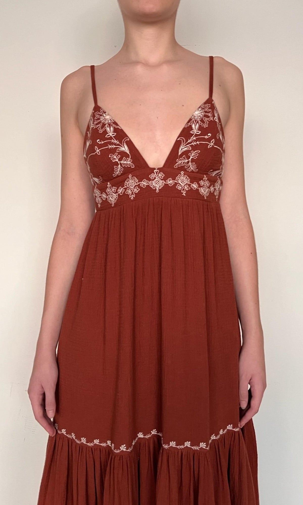 Womens | Jaci Cotton Double Cloth Gauze Tiered Embroidered Maxi Dress | Brown White