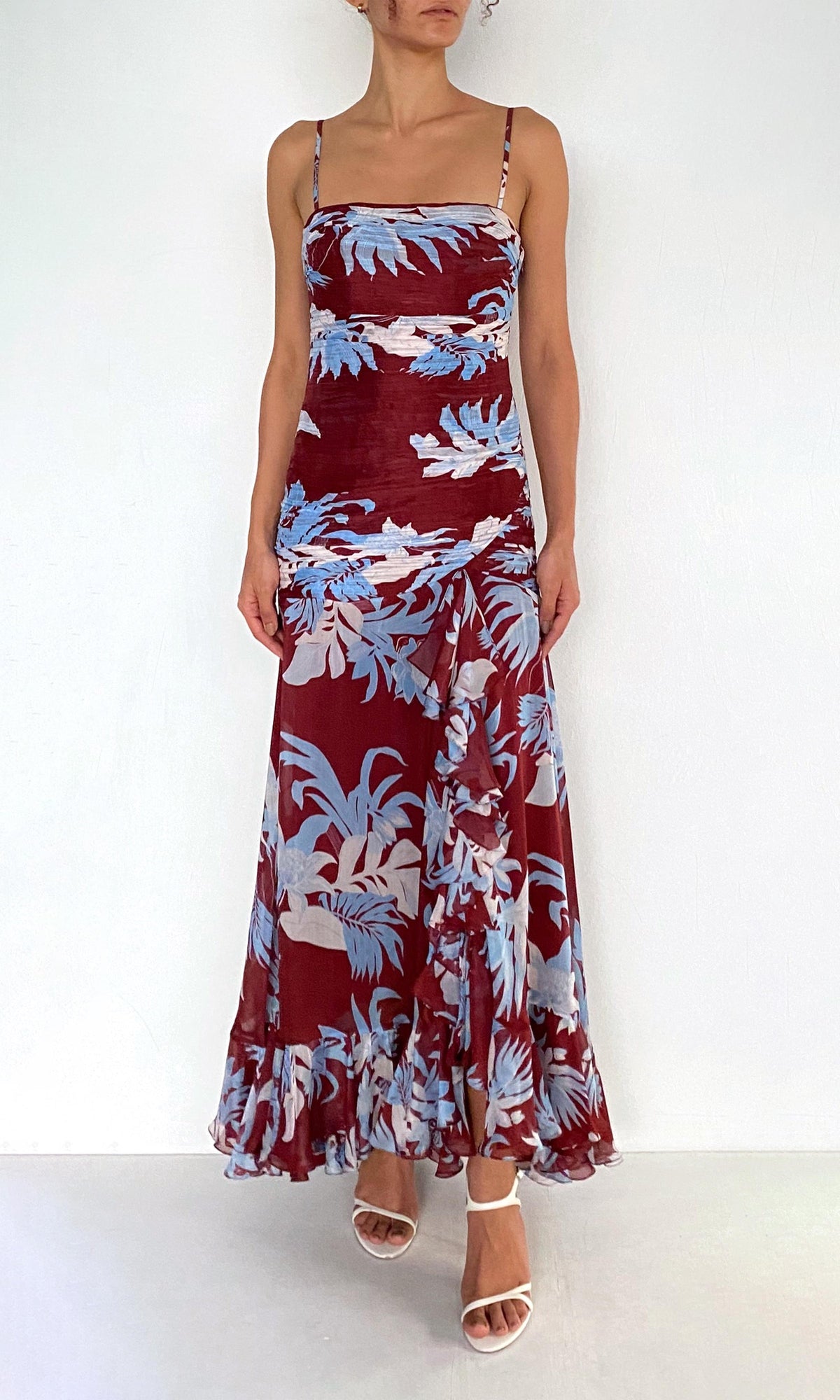 Rococo Sand | Lia Viscose Flat Chiffon High Low Ruched Maxi Dress | Burgundy Blue