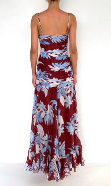 Rococo Sand | Lia Viscose Flat Chiffon High Low Ruched Maxi Dress | Burgundy Blue