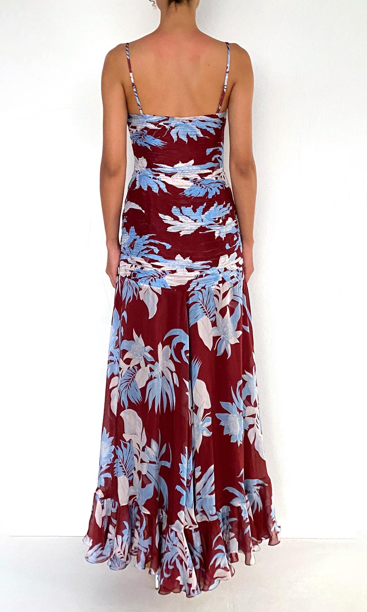 Rococo Sand | Lia Viscose Flat Chiffon High Low Ruched Maxi Dress | Burgundy Blue