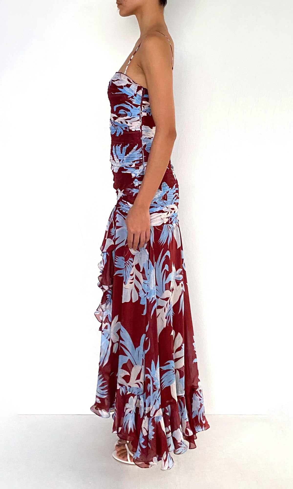 Rococo Sand | Lia Viscose Flat Chiffon High Low Ruched Maxi Dress | Burgundy Blue